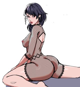 1girl ass black_hair bodystocking breasts butt_crack fishnet_bodystocking fishnets from_behind functionally_nude gluteal_fold medium_breasts medium_hair nioh nipples okatsu_(nioh) sideboob simple_background sitting solo sunbeam_(artist)