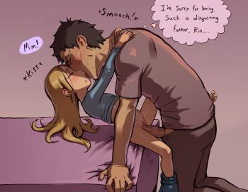 1boy 1girl age_difference bed blonde_hair english_text father_and_daughter highres hug incest kaga_rin kawachi_daikichi kiss loli long_hair older_male_and_younger_female pears penis pussy sex size_difference sweat uncensored usagi_drop vaginal