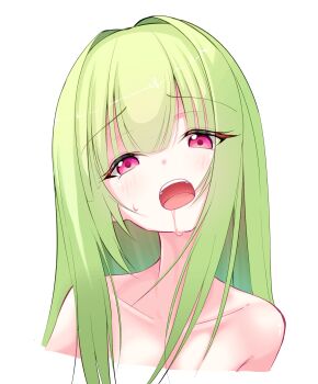 Rule 34 | 1girl, bare shoulders, blunt bangs, blush, collarbone, cropped shoulders, eyelashes, eyes visible through hair, furrowed brow, green hair, hair down, hair intakes, highres, long hair, looking at viewer, murasame (senren), open mouth, portrait, red eyes, saliva, senren banka, sidelocks, simple background, solo, straight hair, sweatdrop, teeth, tongue, tsurime, uoouchan, upper teeth only, white background
