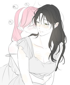 Rule 34 | 0820 lakia, 2girls, absurdres, black hair, blush, breasts, cleavage, closed mouth, commentary request, dress, ear blush, green eyes, hairband, highres, hug, hug from behind, kiss, kissing cheek, korean commentary, korean text, large breasts, long hair, multiple girls, one eye closed, original, pink dress, pink hair, simple background, speech bubble, strap slip, translation request, white background, white hairband, yuri