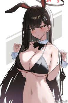 1girl absurdres alternate_costume animal_ears bikini black_bikini black_bow black_bowtie black_hair black_halo blue_archive blush bow bowtie breasts cleavage closed_mouth detached_collar hair_behind_ear halo highres holding holding_swimsuit holding_unworn_clothes large_breasts long_hair looking_at_viewer navel playboy_bunny rabbit_ears red_eyes rio_(blue_archive) solo stomach sweatdrop sweetcho swimsuit unworn_swimsuit wrist_cuffs
