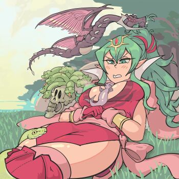 1girl breasts cigar davewaterfalls dragon fire_emblem fire_emblem_awakening fish green_eyes green_hair grima_(fire_emblem) large_breasts nintendo pointy_ears ponytail snake thick_thighs thighs tiki_(adult)_(fire_emblem) tiki_(fire_emblem)