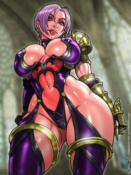 1girl artist_name breasts cerberuslives deviantart_username female_focus highres isabella_valentine large_breasts looking_at_viewer looking_down namco revealing_clothes solo soul_calibur watermark web_address white_hair