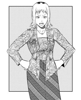 Rule 34 | 1girl, artist name, chainsaw man, commentary, crosshatching, english commentary, floral print, greyscale, hatching (texture), highres, jewelry, kebaya, kei dragonsheaven, monochrome, necklace, open mouth, sawatari akane (chainsaw man), short hair, solo