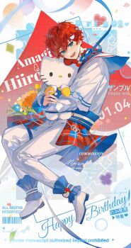Rule 34 | 1boy, amagi hiiro, belt, blue eyes, blue ribbon, character charm, character name, charm (object), cherished cutie (ensemble stars!), chinese commentary, collar, commentary request, commission, dated, earrings, english text, ensemble stars!, etiv, floating, frilled collar, frills, full body, hair between eyes, hair ornament, hairclip, happy birthday, heart, hello kitty, hello kitty (character), highres, hugging doll, hugging object, jewelry, long sleeves, male focus, official alternate costume, open mouth, pants, red hair, ribbon, sanrio, shirt, shoes, short hair, solo, stuffed toy, teeth, thigh strap, upper teeth only, white belt, white collar, white pants, white shirt, white shoes