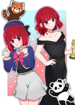 1girl absurdres academy_award_of_merit age_difference arima_kana artist_request bare_shoulders beret black_dress blush bob_cut bow bowtie breasts claw_pose cleavage closed_mouth collarbone dress hat highres holding holding_trophy inverted_bob medium_breasts medium_hair multiple_views open_mouth oshi_no_ko panda red_eyes red_hair school_uniform simple_background skirt smile solo tanuki thigh_gap thighs trophy