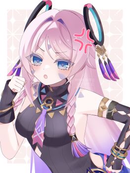 1girl anger_vein armlet black_arm_warmers black_leotard blue_eyes braid breasts citlali_(genshin_impact) commentary_request facial_mark floating_headgear forehead_mark genshin_impact hair_intakes halter_leotard halterneck headgear highres jewelry kino_(curry_pan) leotard long_hair medium_breasts open_mouth parted_bangs pink_hair pink_pupils revision ring_hair_ornament side_braid solo triangle triangle_facial_mark twin_braids upper_body