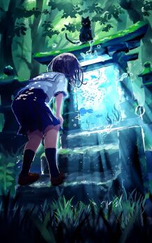 1girl air_bubble black_hair black_socks bubble fish from_behind highres light_rays original sanmen_(threeface_il) school_uniform serafuku shoes short_hair skirt socks solo stairs stone_lantern sunlight torii underwater water