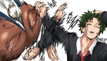 1boy 1girl boku_no_hero_academia closed_eyes dark-skinned_female dark_skin formal_clothes green_hair hand_in_own_hair highres itskawer meme midoriya_izuku mirko necktie open_mouth plap rabbit_tail red_necktie scar slapping sound_effects spanking suit tail