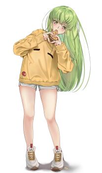 1girl absurdres alternate_costume blush budgiepon c.c. casual code_geass commentary crossed_bangs dolphin_shorts eating eyes_visible_through_hair fingernails food food_in_mouth full_body green_hair grey_shorts hair_between_eyes hands_up highres holding holding_food holding_pizza legs long_hair long_sleeves looking_at_viewer pizza pizza_slice shoes shorts signature simple_background sleeves_past_wrists sneakers solo standing straight_hair sweater symbol-only_commentary thighs very_long_hair white_background white_shoes yellow_eyes yellow_sweater