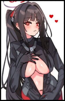 1girl :o absurdres black_bodysuit black_hair blue_archive blunt_bangs blush bodysuit breasts bright_pupils cleavage commentary cowboy_shot hair_between_eyes hair_intakes halo heart highres je_o_mo large_breasts long_hair looking_at_viewer navel official_alternate_costume open_mouth ponytail ringed_eyes rio_(blue_archive) rio_(bodysuit)_(blue_archive) sidelocks solo standing sweat very_long_hair white_pupils