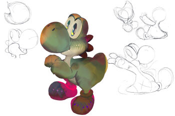 blue_eyes closed_mouth dated_commentary dinosaur full_body highres looking_at_viewer mario_(series) multiple_views nintendo no_humans open_mouth simple_background sitting sketch smile standing super_mario_world v white_background winpuss yoshi