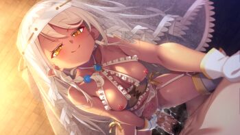 1boy 1girl blush boots breasts censored corset cowgirl_position cum cum_in_pussy cumdrip dark-skinned_female dark_skin erection frilled_corset frills game_asset garter_belt garter_straps gloves grabbing_another's_penis guided_penetration hetero just_the_tip leane_(reijuu_no_acolyte_lufia) long_hair looking_at_viewer mosaic_censoring navel nipples non-web_source penis pointy_ears pov reijuu_no_acolyte_lufia sex small_breasts smile solo_focus spread_legs straddling sweat tanabe_kyou thigh_boots vaginal veil visual_novel_cg white_hair yellow_eyes