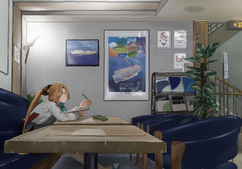 1girl akigumo_(kancolle) akigumo_kai_ni_(kancolle) black_bow blue_sandals bow brown_hair chair closed_mouth couch green_eyes hair_bow highres indoors jacket kantai_collection kuragare long_hair long_sleeves looking_at_viewer mole mole_under_eye no_smoking pencil pencil_case plant ponytail sandals sign sitting sketchbook solo table