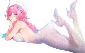 1girl absurdres alternate_costume backless_outfit bare_shoulders blush breasts closed_mouth commentary cyrene_(honkai:_star_rail) cyrene_(ripples_of_past_reverie)_(honkai:_star_rail) from_side halo head_rest high_heels highres honkai:_star_rail honkai_(series) hooked_on_heel lace_pantyhose lace_pantyhose_hooked_on_heel_(meme) large_breasts leotard long_hair looking_at_viewer looking_to_the_side lying meme on_stomach pink_hair pointy_ears purple_eyes shoes sidelocks simple_background smile solo the_pose white_background white_leotard white_shoes yonesdraws