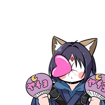 Rule 34 | 1girl, animal ears, black choker, black hair, blue hair, blue hoodie, blue kimono, blush stickers, cho kaguya-hime!, choker, collarbone, colored inner hair, facial mark, forehead mark, fox ears, hand fan, hand fan writing, highres, holding, holding fan, hood, hood down, hoodie, japanese clothes, kimono, mitsuki/saniya, multicolored hair, oshikatsu, paper fan, puckered face, sakayori iroha, solo, uchiwa, upper body