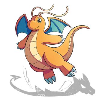 antennae claws colored_skin dragonite flying full_body gen_1_pokemon looking_at_viewer mistray-art nintendo no_humans orange_skin pokemon pokemon_(creature) signature simple_background solo tail white_background wings