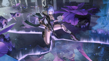 1girl 3others absurdres accessories angel_no_shousou animal_ears bell black_boots black_horns black_unitard blue_hair book boots bra breasts choker cleavage commentary_request crack cracked_floor ethereal_(zenless_zone_zero) goat goat_ears goat_girl goat_horns goat_tail grass green_bra green_eyes hair_bell hair_between_eyes hair_ornament highres holding holding_book holding_staff hood horns key key_choker knee_strap long_hair looking_down lucia_elowen magic medallion medium_breasts multiple_others on_one_knee outdoors pendant_choker plant pointy_ears reflection single_sleeve socks sparkle staff summoning tail underwear white_socks zenless_zone_zero