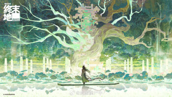 1girl arknights arknights:_endfield black_hair branch chinese_commentary commentary_request dragon_girl dragon_horns dragon_tail eastern_dragon_horns eastern_dragon_tail facing_away green_pants highres horns logo long_hair lotus_leaf luckyia official_art pants reflection reflective_liquid solo tail watermark weibo_username weibo_watermark zhuang_fangyi_(arknights)