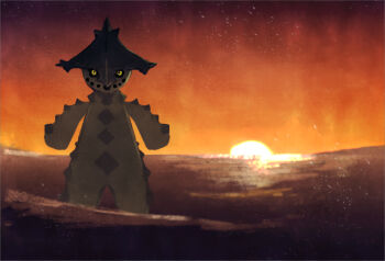 cacturne commentary_request desert full_body gen_3_pokemon mine101 nintendo orange_sky outdoors pokemon pokemon_(creature) sky solo standing sun sunset twilight wide_shot yellow_eyes