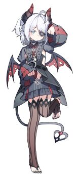 1girl absurdres ahoge bat_wings black_dress black_nails black_survival black_thighhighs blue_eyes closed_mouth clothing_cutout demon_horns demon_tail dress eternal_return:_black_survival eyepatch facing_viewer full_body garter_straps hair_intakes highres horns jambujok juliet_sleeves leg_up light_blush long_sleeves looking_at_viewer medium_hair mini_wings nail_polish navel_cutout no_shoes official_alternate_costume paw_pose puffy_sleeves short_twintails simple_background single_handcuff sissela_kyle solo stirrup_legwear tail thighhighs toeless_legwear toenail_polish toenails twintails white_background wings