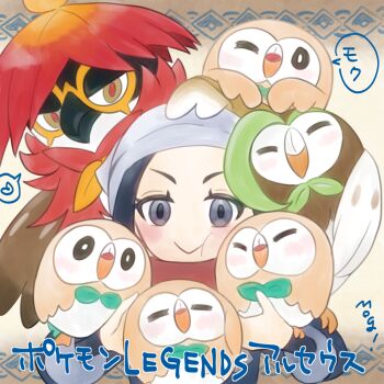 1girl :&gt; akari_(pokemon) appleberry9 beak bird black_hair blush dartrix evolutionary_line gen_7_pokemon headscarf hisuian_decidueye holding holding_pokemon nintendo on_head owl pokemon pokemon_(creature) pokemon_legends:_arceus pokemon_on_head rowlet smile speech_bubble upper_body white_headscarf wings