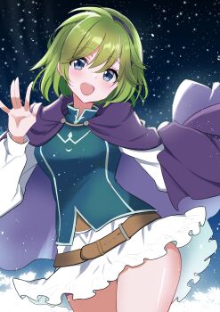 1girl absurdres azusa_(azchemist63) belt blue_eyes breasts cloak commission commissioner_upload fire_emblem fire_emblem:_the_blazing_blade green_hair headband highres medium_breasts miniskirt night nino_(fire_emblem) nintendo non-web_source open_mouth skirt sky solo star_(sky) thighs waving white_skirt