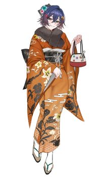 1girl absurdres alternate_costume bag belle_(zenless_zone_zero) blue_flower blue_hair crossed_bangs earrings floral_print flower flower_hairpin full_body furisode green_eyes grin hair_between_eyes hair_flower hair_ornament highres holding holding_bag japanese_clothes jewelry kimono letter_hair_ornament looking_at_viewer nompang obi obijime orange_kimono pink_flower sandals sash short_hair simple_background single_earring smile socks solo tabi white_background white_socks zenless_zone_zero zouri