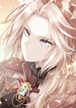 1girl blue_eyes brooch chain gem highres horse_girl jewelry multicolored_gemstone multicolored_hair orfevre_(umamusume) red_gemstone solo umamusume upper_body yue_(lov_n_n)