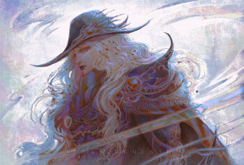 Rule 34 | 1boy, aleksi remes, androgynous, artist name, beads, blue eyes, coat, d (vampire hunter d), from side, grey background, hair beads, hair ornament, hat, hat ornament, highres, lips, long hair, looking at viewer, male focus, shoulder spikes, smoke, solo, spikes, upper body, vampire hunter d, very long hair, white hair