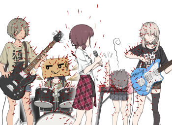 Rule 34 | 5girls, anglediana, awa subaru, bass guitar, black choker, black shorts, black thighhighs, blue shorts, box, box on head, brown hair, brown shirt, brown shorts, cardboard box, choker, closed mouth, commentary request, drum, drum set, ebizuka tomo, electric guitar, fender jazzmaster, gibson sg (bass), girls band cry, grey hair, grey skirt, guitar, hair between eyes, half-skirt, highres, holding, holding microphone, instrument, iseri nina, kawaragi momoka, keyboard (instrument), long hair, long hair between eyes, low twintails, microphone, multicolored hair, multiple girls, pinky out, plaid clothes, plaid shorts, plaid skirt, red skirt, roots (hair), rupa (girls band cry), shikai no sumi kuchiru oto, shirt, short hair, short sleeves, short twintails, shorts, shorts under skirt, simple background, single thighhigh, skirt, sweatdrop, thighhighs, thorns, togenashi togeari, translation request, trembling, twintails, wavy mouth, white background, white shirt