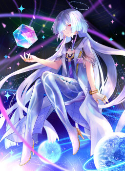 1girl absurdres chinese_commentary commentary_request earrings grey_hair halo highres id_card jacket jewelry kareko_(xs-1833) long_hair looking_at_viewer mornye_(wuthering_waves) parted_lips partial_commentary red_eyes see-through_body solo tacet_mark_(wuthering_waves) triangle_earrings very_long_hair white_jacket wuthering_waves