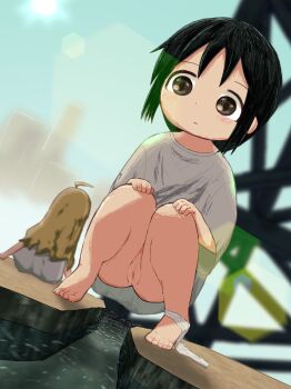 2girls absurdres ahoge barefoot black_hair blush bottomless brown_eyes brown_hair building censored chito_(shoujo_shuumatsu_ryokou) city cityscape grey_shirt hands_on_own_knees highres hn_(pixiv_53797960) lens_flare loli long_hair looking_down multiple_girls oversized_clothes oversized_shirt panties panties_around_one_ankle pussy shirt short_hair short_sleeves shoujo_shuumatsu_ryokou sitting sky skyscraper smile squatting sun transmission_tower underwear water white_panties yuuri_(shoujo_shuumatsu_ryokou)