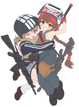 2girls absurdres akm assault_rifle bare_shoulders brown_hair bypos escape_from_tarkov gun hammer highres holding holding_hammer kalashnikov_rifle killa_(escape_from_tarkov) knee_pads light_machine_gun long_hair looking_at_viewer machine_gun multiple_girls one_eye_closed purple_eyes rifle rpk-16 siblings simple_background tagilla_(escape_from_tarkov) thighs twins weapon white_background yellow_eyes