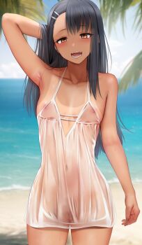 1girl :d arm_up armpits bare_shoulders beach black_hair blush breasts brown_eyes cleft_of_venus dark-skinned_female dark_skin dress earclip fangs female_focus ginhaha hair_ornament hairclip highres ijiranaide_nagatoro-san long_hair looking_at_viewer nagatoro_hayase navel nipples ocean open_mouth outdoors pussy see-through_clothes see-through_dress small_breasts smile solo standing tan tanline teeth wet