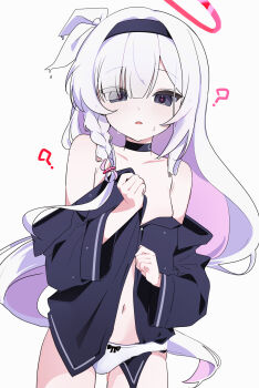 1girl ? black_choker black_eyes black_hairband blue_archive blush bow bow_panties braid chaum choker collarbone colored_inner_hair hairband halo hashtag-only_commentary highres long_hair long_sleeves looking_at_viewer multicolored_hair navel panties pink_hair pink_halo pink_pupils plana_(blue_archive) red_halo red_pupils simple_background single_braid solo underwear wet white_background white_hair white_panties