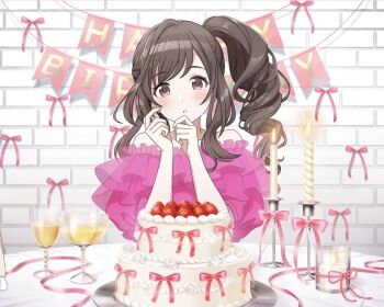 1girl brick_wall brown_hair cake candle cup drinking_glass english_text fire food fruit happy_birthday idolmaster idolmaster_shiny_colors liquid official_art plate red_eyes ribbon side_ponytail solo strawberry table tsukioka_kogane wine_glass