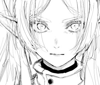 1girl closed_mouth commentary_request earrings elf eyelashes floating_earrings frieren greyscale inoitoh jewelry long_hair looking_at_viewer monochrome parted_bangs pointy_ears portrait simple_background solo sousou_no_frieren teardrop_earrings twintails white_background