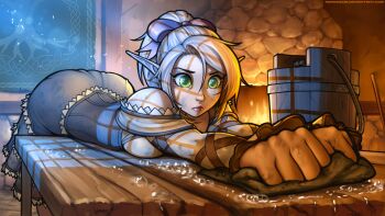 1girl bare_shoulders bent_over blonde_hair bow breast_press breasts bucket cleaning cleaning_rag commentary corset dirty dirty_face dress elf eyebrows fantasy female_focus green_eyes hair_bow highres lin_(ronindude) lips medium_breasts nose original pointy_ears ponytail revision ronindude solo waitress watermark web_address widescreen