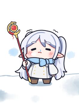 1girl :3 =_= blue_scarf blush boots bow brown_boots buttons chibi chibi_only closed_mouth coat commentary double-breasted eiul elf frieren full_body highres holding holding_staff long_hair long_sleeves mage_staff outdoors parted_bangs pointy_ears romaji_commentary runny_nose scarf scarf_bow simple_background snot snow solo sousou_no_frieren staff standing twintails white_background white_coat white_hair winter