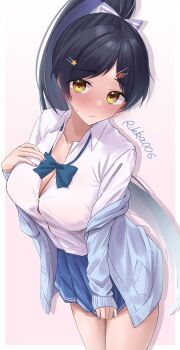 1girl absurdres black_hair blue_bow blue_bowtie blue_cardigan blue_nails blue_skirt blush border bow bowtie breasts button_gap cardigan cleavage closed_mouth collared_shirt commentary dress_shirt hair_ornament hairclip hand_on_own_chest hazuki_ren highres large_breasts long_hair love_live! love_live!_superstar!! nail_polish open_cardigan open_clothes outside_border pleated_skirt ponytail rikka006 shirt skirt solo sweatdrop very_long_hair white_border white_shirt yellow_eyes