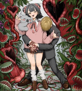 1boy 1girl animal animal_on_shoulder arms_around_waist black_hair blonde_hair blood blood_on_hands blush bound bound_wrists cardigan carnivorous_plant collared_shirt commission covered_face double_bun fangs foliage gakudayo gakuran green_eyes hair_bun hair_intakes half-closed_eyes highres holding holding_animal horror_(theme) koala leaning_on_person loafers looking_to_the_side loose_socks medium_hair miniskirt nail_polish neck_ribbon open_mouth original pants pink_nails pinky_out plant pleated_skirt ribbon school_uniform shirt shoes short_hair skeb_commission skirt smile socks string string_around_finger string_of_fate tongue venus_flytrap