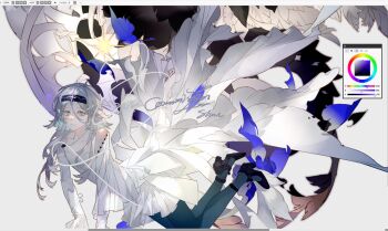 1girl absurdres aqua_eyes arm_support blue_hair dress full_body grey_background grey_hair hair_between_eyes hair_ornament hairband high_heels highres liulianjingrua long_hair long_sleeves looking_at_viewer original pantyhose solo very_long_hair white_dress wings