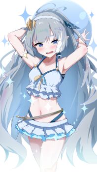 1girl absurdres arms_up bikini blue_bikini blue_eyes blush breasts commentary_request cowboy_shot female_tyrant_(stella_sora) frilled_bikini frills grey_hair highres long_hair looking_at_viewer navel open_mouth pointy_ears ponytail sanami_(sanami_t_38) small_breasts solo sparkle stella_sora sweat swimsuit tyrant_(stella_sora)