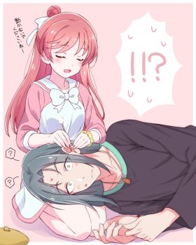 Rule 34 | !?, 1boy, 1girl, ?, battamonda, beret, black shirt, bow, bowtie, casual, closed eyes, collared dress, commentary, constricted pupils, dress, ear cleaning, green hair, hair bun, hair ribbon, hat, hetero, highres, hirogaru sky! precure, holding, jewelry, kyoutsuugengo, light blush, long hair, long sleeves, lying, mimikaki, necklace, nervous sweating, nijigaoka mashiro, on lap, on side, open mouth, pink background, pink dress, pink hair, precure, ribbon, scrunchie, seiza, shadow, shirt, short dress, single hair bun, sitting, smile, spoken question mark, sweat, translated, two-tone dress, unworn headwear, white bow, white bowtie, white dress, white ribbon, wrist scrunchie, yellow eyes, yellow hat