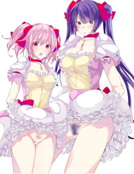 2girls bakemonogatari blush bow breasts bubble_skirt choker cleavage clothes_lift colored_pubic_hair hair_bow highres kaname_madoka mahou_shoujo_madoka_magica mahou_shoujo_madoka_magica_(anime) monogatari_(series) multiple_girls multiple_hair_bows no_panties open_mouth pink_choker pink_eyes pink_hair pink_pubic_hair pubic_hair purple_eyes purple_hair purple_pubic_hair rihito_akane senjougahara_hitagi skirt skirt_lift soul_gem