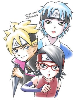 Rule 34 | 1girl, 2boys, black eyes, black hair, black headband, black jacket, blonde hair, blue arm warmers, blue eyes, blue hair, boruto: naruto next generations, commentary request, corrupted twitter file, forehead protector, headband, highres, holding, holding kunai, holding weapon, jacket, kunai, matsu (fu6ide2), meitantei conan, mitsuki (naruto), multiple boys, naruto (series), parody, red headband, style parody, twitter username, uchiha sarada, uzumaki boruto, watermark, weapon, yellow eyes
