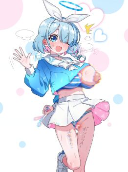 1girl aftersex alternate_breast_size_(larger) arm_behind_back arona_(blue_archive) blue_archive blue_bra blue_eyes blue_hair blue_halo blue_panties blue_shirt blur_censor blush body_writing border bow bow_hairband bowtie bra breasts censored clothing_aside commentary_request commission condom foot_out_of_frame hair_over_one_eye hairband halo hand_up heart highres huge_breasts legs long_sleeves looking_at_viewer medium_hair midriff miniskirt mitsunashi_ringo netorare one_breast_out one_eye_closed one_eye_covered open_mouth panties panties_aside pink_hair pleated_skirt puffy_nipples pussy pussy_juice sailor_collar shirt shoes simple_background skeb_commission skindentation skirt smile sneakers solo standing standing_on_one_leg stray_pubic_hair striped_bra striped_clothes striped_panties thighhighs thighs underwear used_condom white_background white_border white_hairband white_sailor_collar white_shoes white_skirt