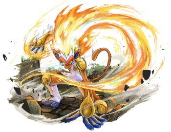 blue_eyes body_fur colored_sclera commentary_request debris ekaki_panda fiery_hair fire full_body gen_4_pokemon glint glowing glowing_eyes highres infernape looking_at_viewer monkey monkey_tail nintendo on_one_knee orange_fur pokemon pokemon_(creature) solo tail white_background white_fur yellow_sclera