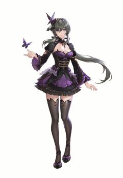 1girl artist_request belt belted_dress black_dress black_ribbon black_shoes black_thighhighs bug butterfly butterfly_on_hat butterfly_ornament commentary commentary_request dress english_commentary full_body grey_hair hair_ribbon halloween halloween_costume hand_up hat high_heels highres hilda_(king&#039;s_raid) insect juliet_sleeves king&#039;s_raid korean_commentary layered_dress long_hair long_sidelocks long_sleeves mini_hat mixed-language_commentary multicolored_dress multiple_belts official_alternate_costume official_art ponytail puffy_sleeves purple_dress ribbon second-party_source see-through_dress_layer shoes short_dress sidelocks simple_background solo thighhighs veil very_long_hair white_background